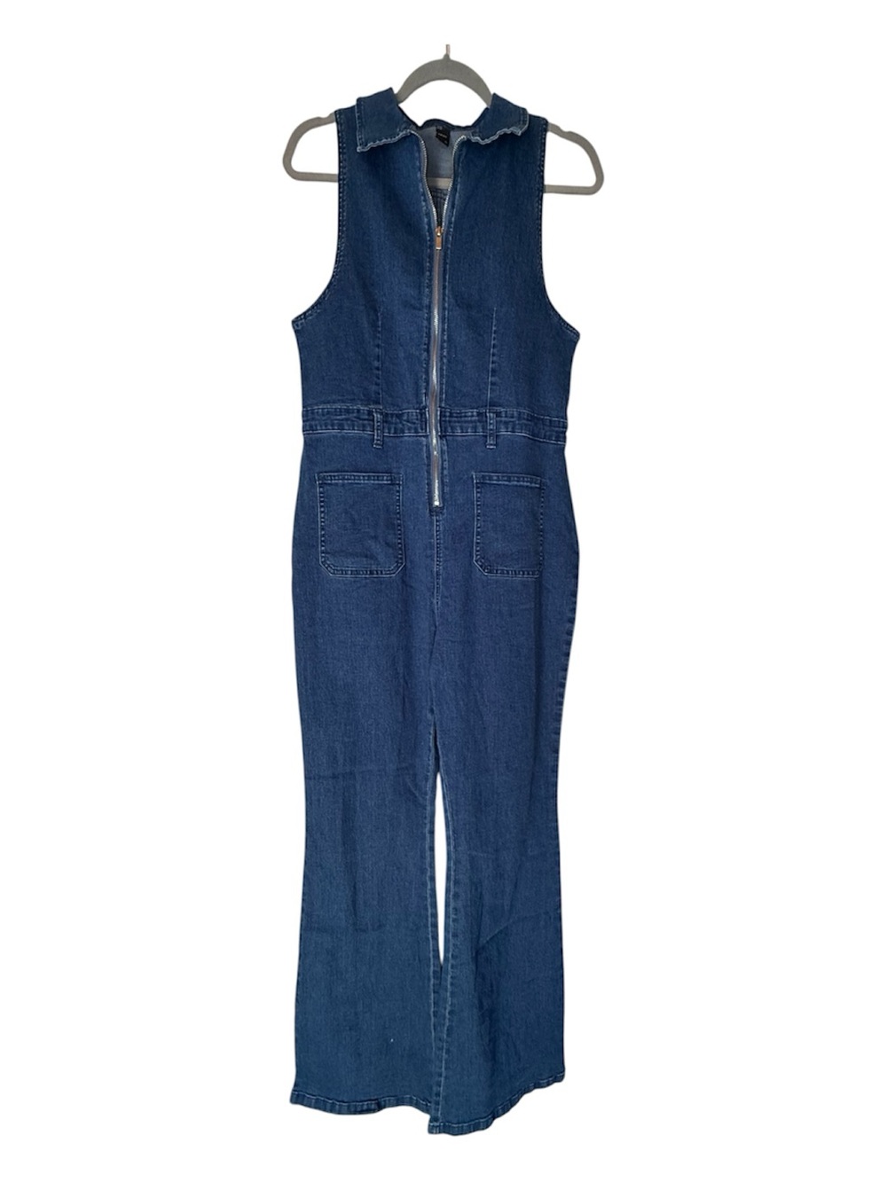 Cider Dark Blue Denim Zip-Front Flare Leg Jumpsuit, XL, Women’s